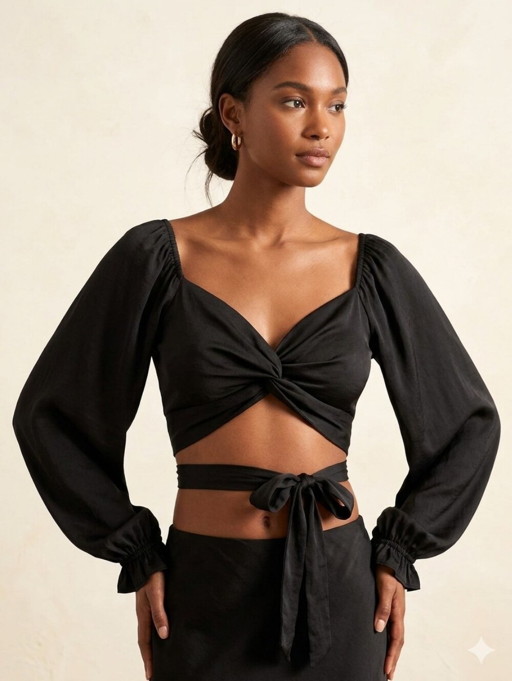 MABLE Black Twist-Front Long Sleeve Crop Top | Size M